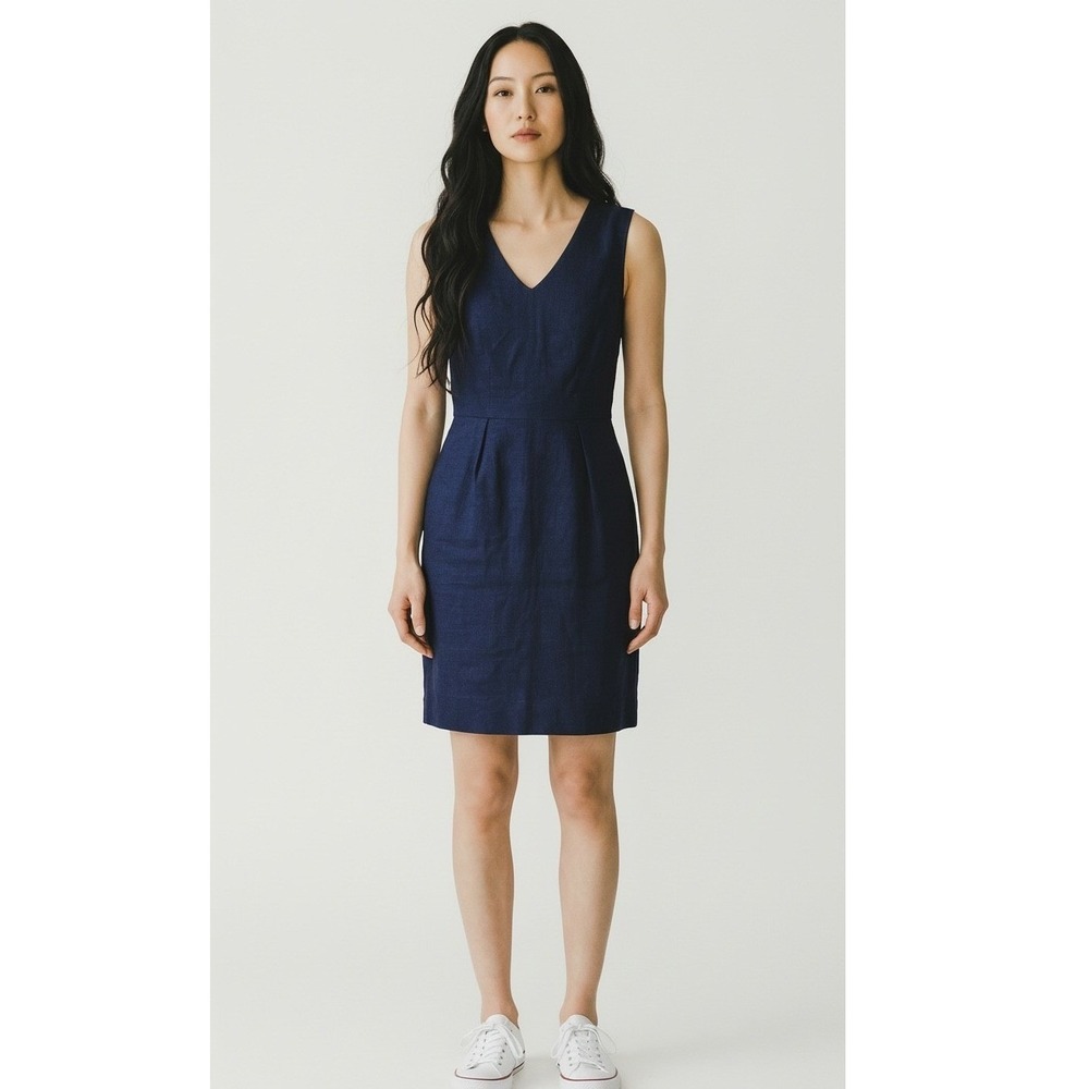 Kate Spade Navy Blue Linen Lyocell V-Neck Sheath Dress Gold Zipper Mens Size 0